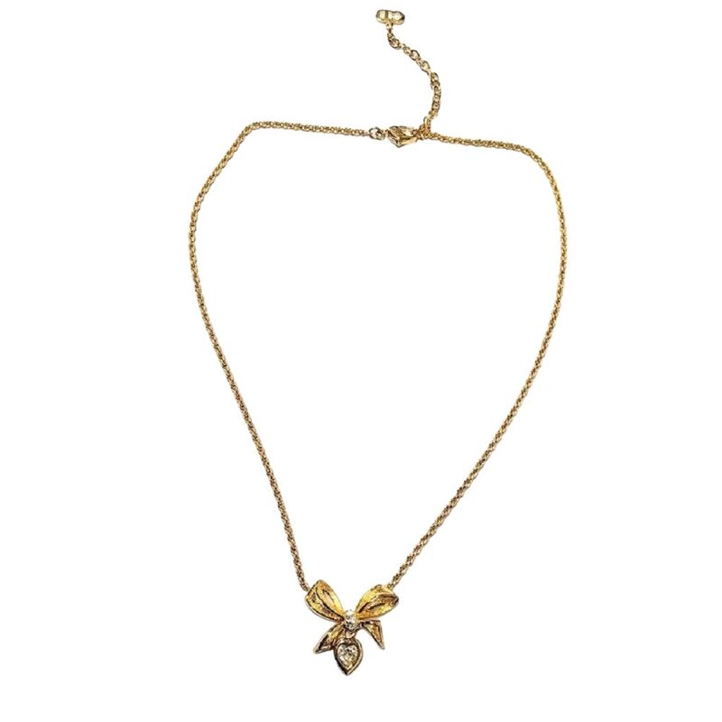 Christian DIOR Ribbon Heart Necklace With Rhinestones Gold