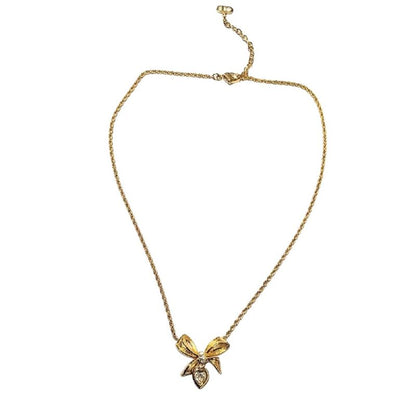 Christian DIOR Ribbon Heart Necklace With Rhinestones Gold