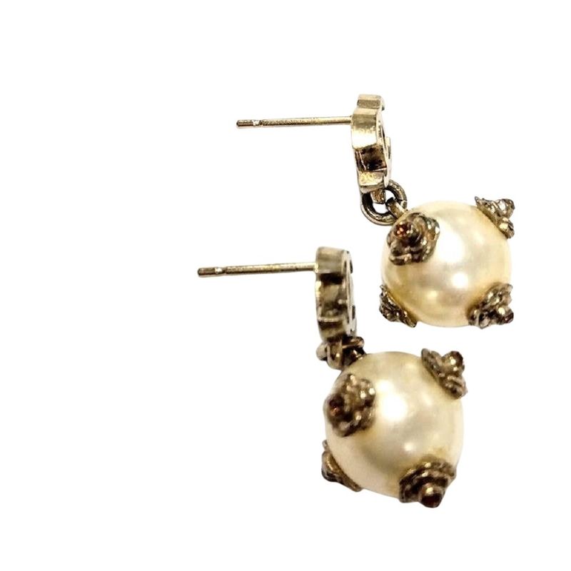 Chanel Coco Mark Camellia Earrings Faux Pearl G Gold Hardware