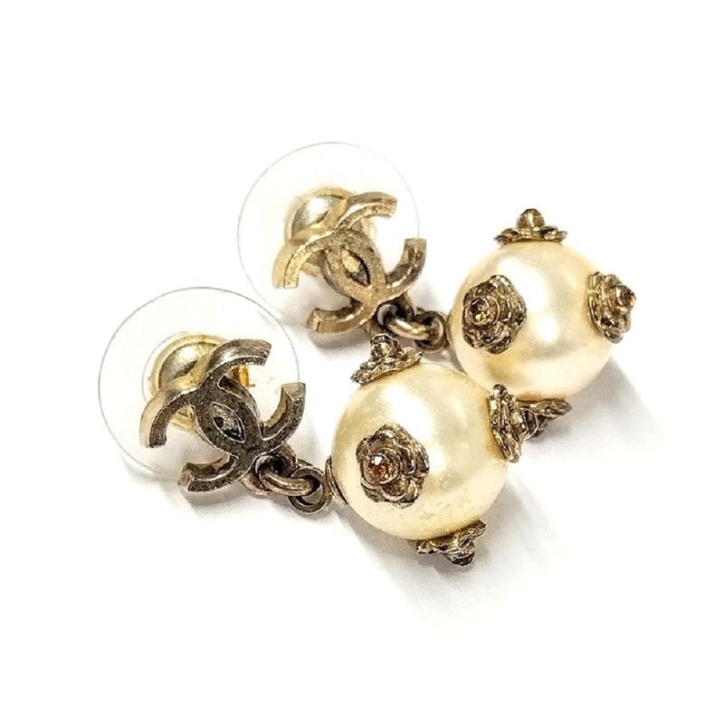 Chanel Coco Mark Camellia Earrings Faux Pearl G Gold Hardware