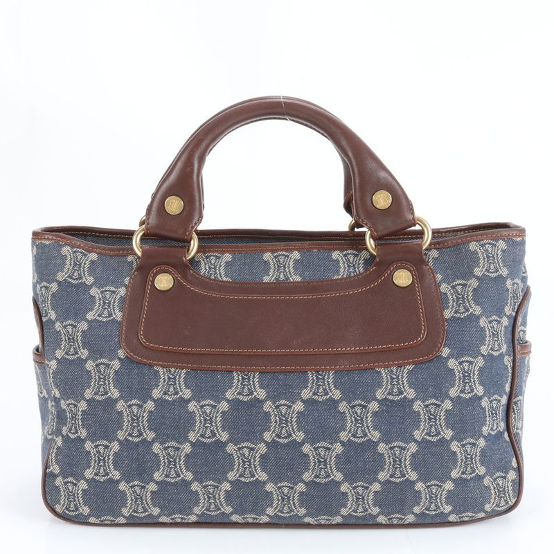 Celine Paris Macadam Boogie Bag Denim Leather Hand Tote Brown Gold Hardware
