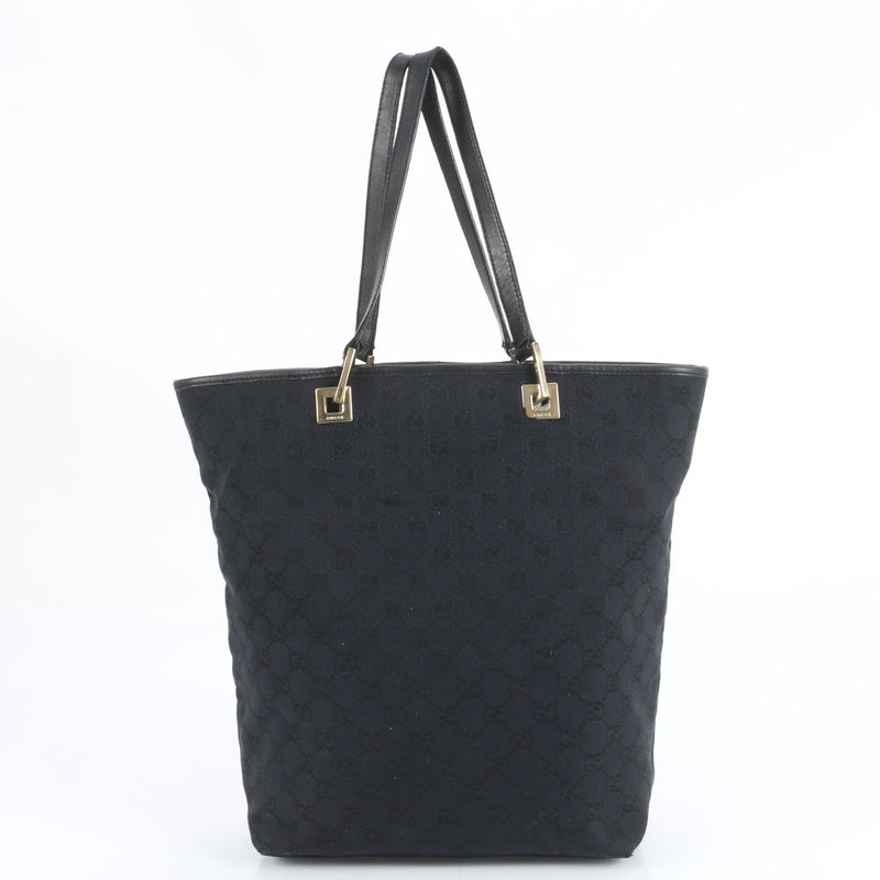 Gucci GG Canvas Leather Tote Bag Shoulder Black Gold Hardware 002-1098 A4 Women