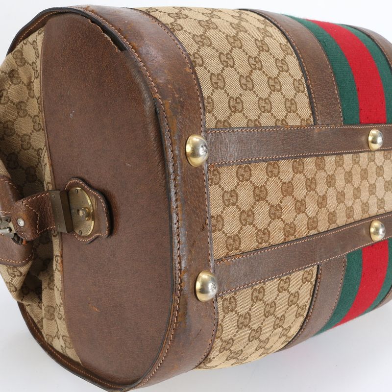 Vintage Old Gucci GG Canvas Sherry Line Leather Boston Bag Business Travel Tote