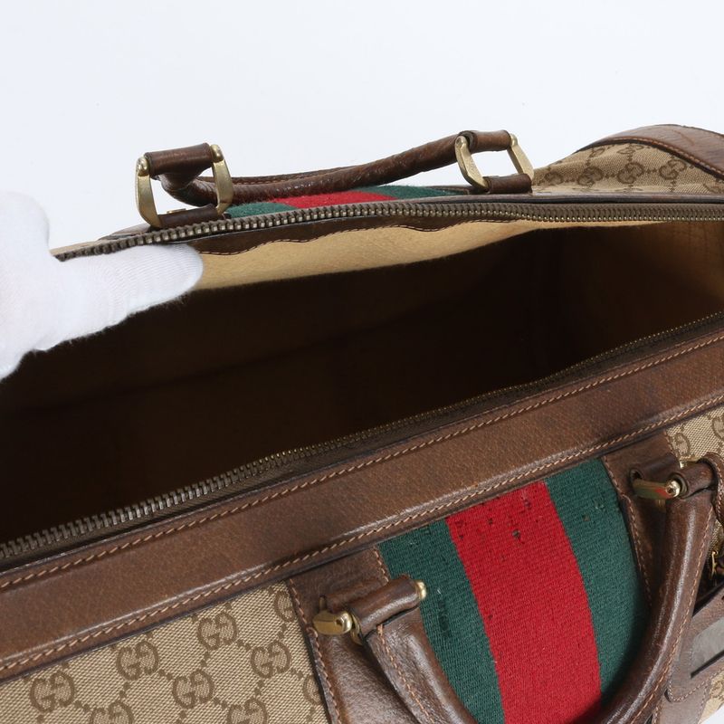 Vintage Old Gucci GG Canvas Sherry Line Leather Boston Bag Business Travel Tote