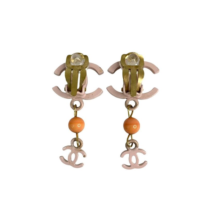 Chanel Coco Mark Motif Earrings Ear Cuff Accessories Gold Pink 03S