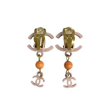 Chanel Coco Mark Motif Earrings Ear Cuff Accessories Gold Pink 03S