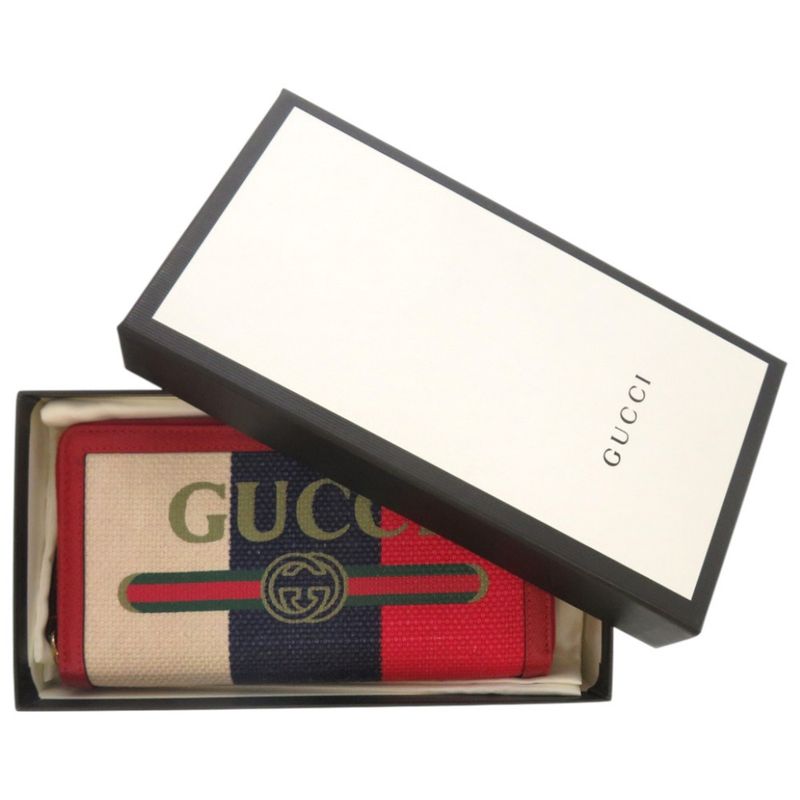 Gucci Tricolor Print Zip Around Wallet 524790 Canvas Leather Red Long Wallet