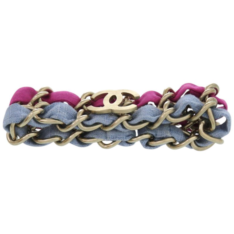 Chanel 2 Chain Coco Mark Metal Fabric Purple Light Blue Bracelet 0837 Chanel