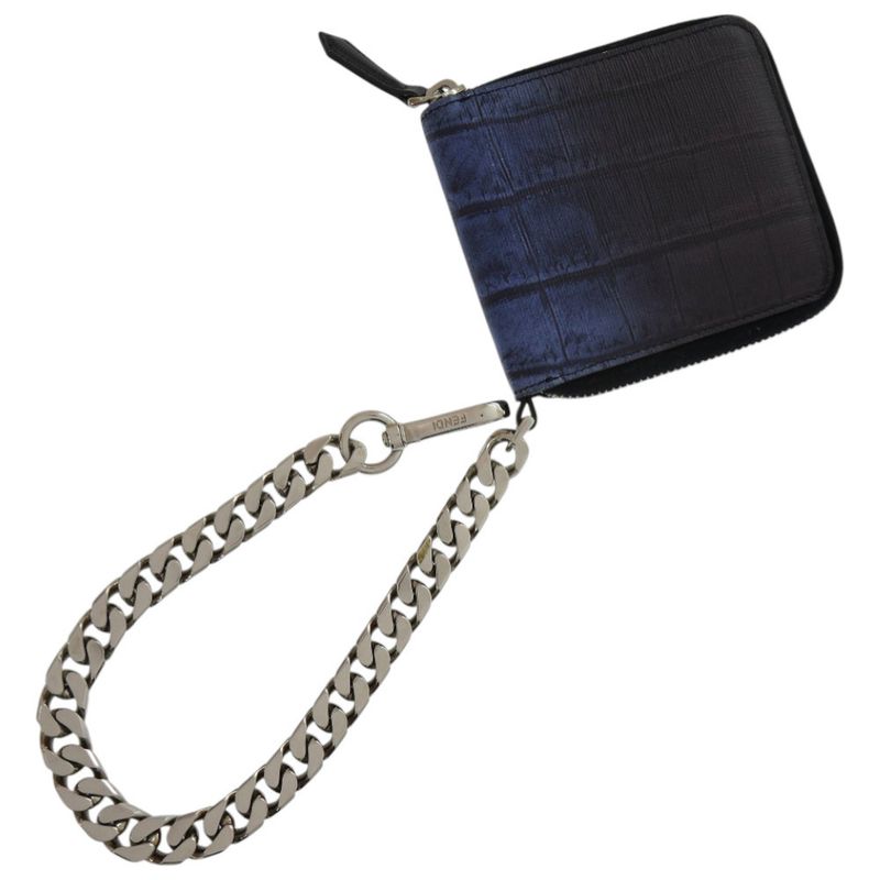 Fendi Chain 7m0197 Leather Blue Bifold Wallet 1367 Fendi