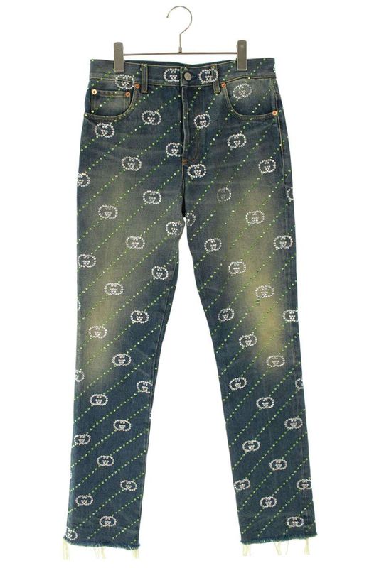 Gucci 760957 Xdcot GG Logo Total Crystal Decoration Denim Pants Men's 31