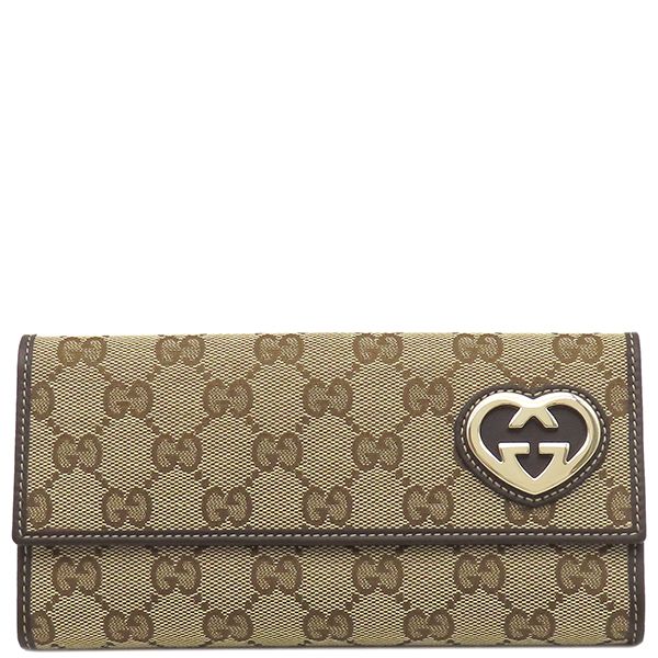 Gucci Long Wallet Lovely Heart GG Canvas Beige and Ebony Gold Hardware Brown