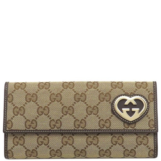 Gucci Long Wallet Lovely Heart GG Canvas Beige and Ebony Gold Hardware Brown