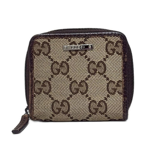 Gucci Coin Case Metal Bar GG Pattern 115255 Beige And Dark Brown Round Zipper
