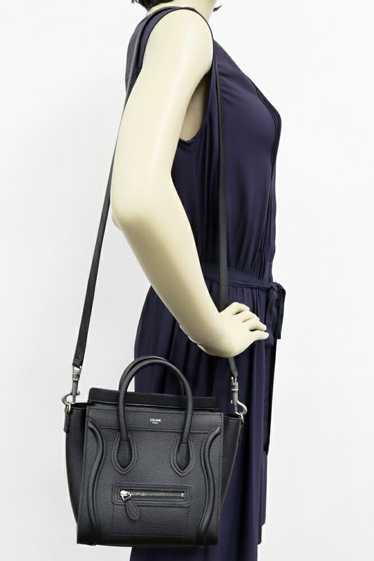 Celine Hand Tote Shoulder Bag Luggage Nano Shopper Drummed Calfskin Black 2WAY