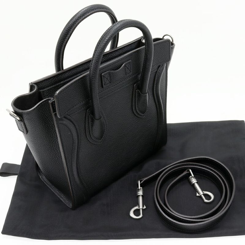 Celine Hand Tote Shoulder Bag Luggage Nano Shopper Drummed Calfskin Black 2WAY