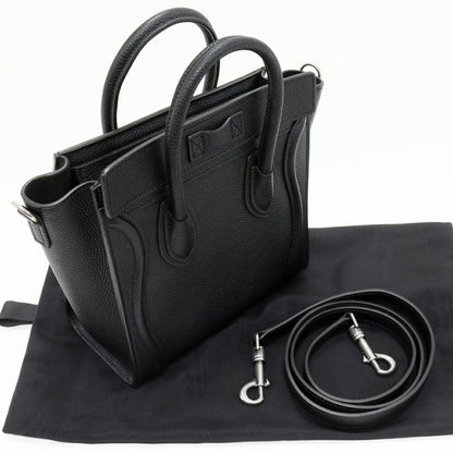 Celine Hand Tote Shoulder Bag Luggage Nano Shopper Drummed Calfskin Black 2WAY