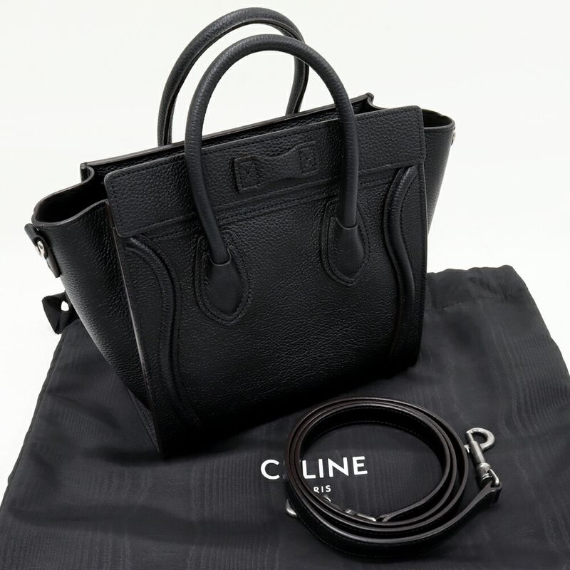Celine Hand Tote Shoulder Bag Luggage Nano Shopper Drummed Calfskin Black 2WAY