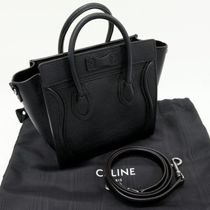 Celine Hand Tote Shoulder Bag Luggage Nano Shopper Drummed Calfskin Black 2WAY