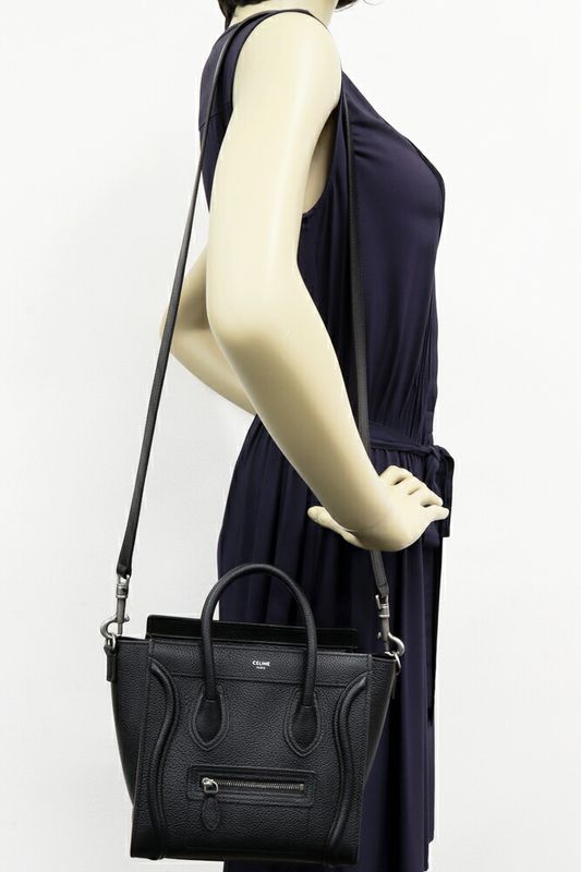 Celine Hand Tote Shoulder Bag Luggage Nano Shopper Drummed Calfskin Black 2WAY