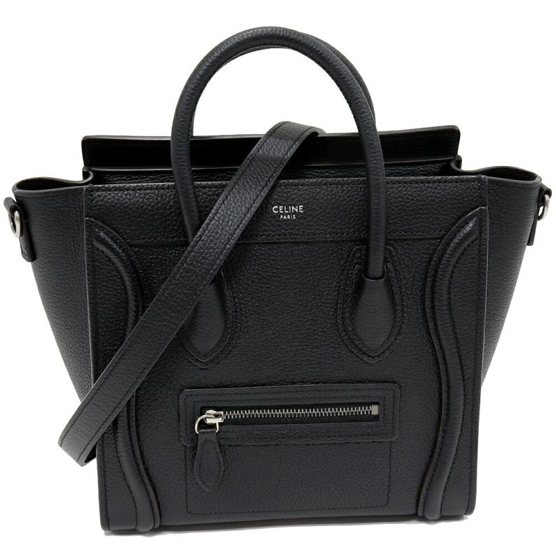 Celine Hand Tote Shoulder Bag Luggage Nano Shopper Drummed Calfskin Black 2WAY
