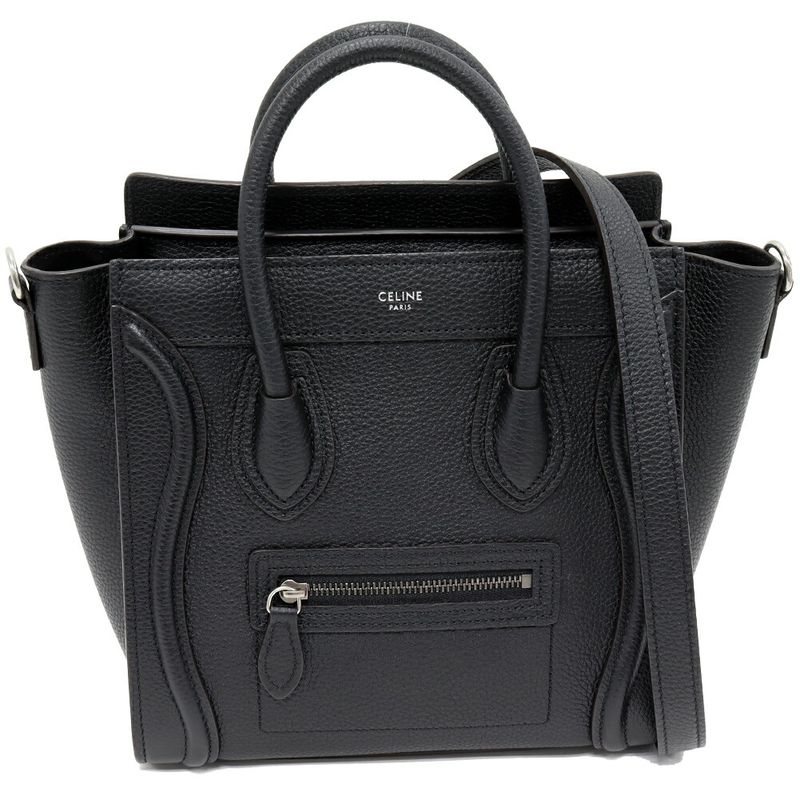 Celine Hand Tote Shoulder Bag Luggage Nano Shopper Drummed Calfskin Black 2WAY