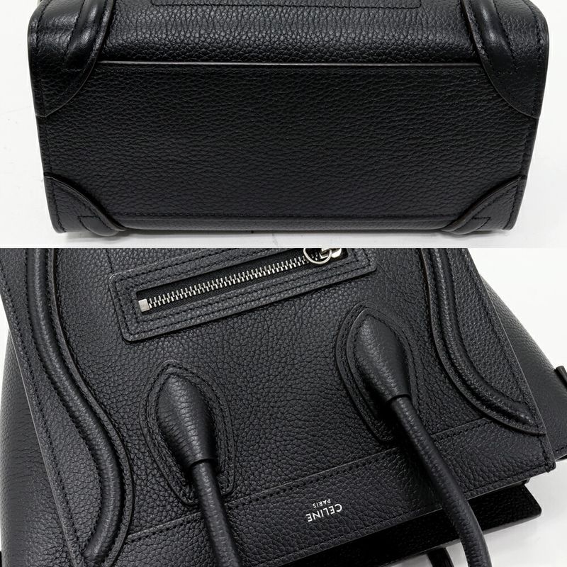Celine Hand Tote Shoulder Bag Luggage Nano Shopper Drummed Calfskin Black 2WAY