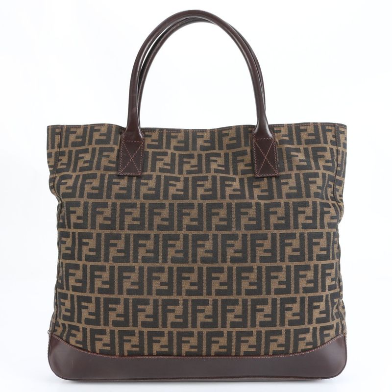 Fendi Zucca 16329 Leather Canvas Tote Bag Shoulder Commuter Brown A4 Men Ladies