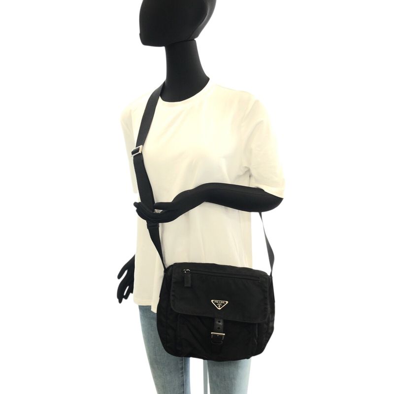 Prada Tessuto Triangle Logo Plate Black Silver Hardware Nylon/leather Shoulder