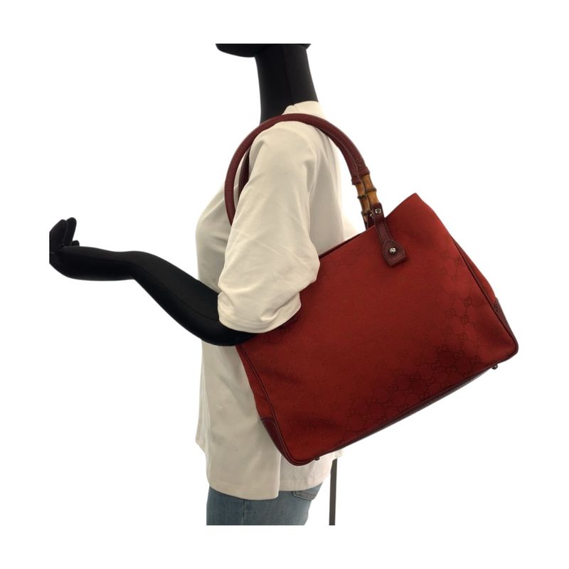 Gucci Bamboo Red Brown Silver Hardware Canvas 112526 Tote Bag Shoulder Bag