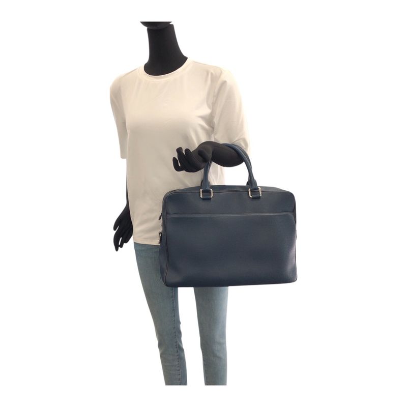 Louis Vuitton Taiga Porte Documents Voyage MM Blue Silver Hardware Leather