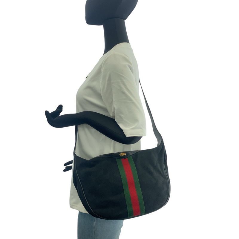 Gucci Vintage Sherry Line Black GG Canvas/leather 010 378 Shoulder Bag Ladies