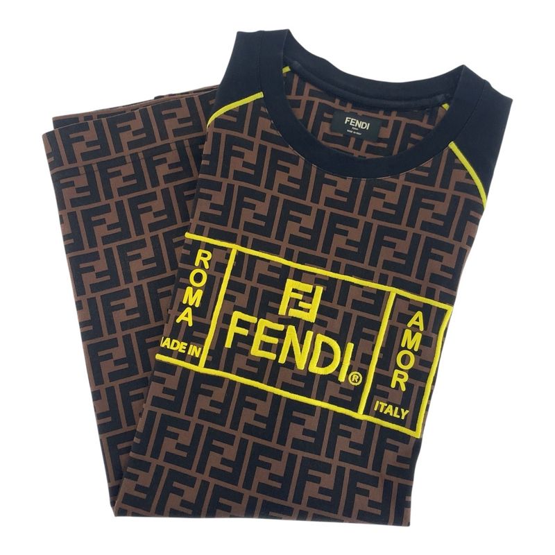 Fendi Zucca Pattern Raglan Size S Brown Yellow Cotton Ca05904627 Short Sleeve