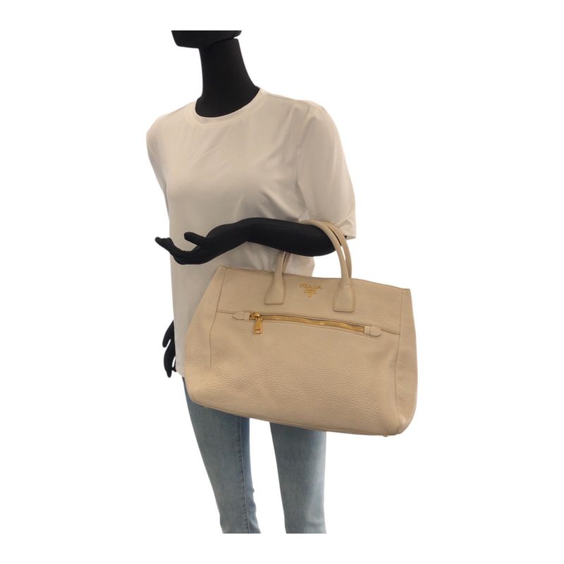 Prada Vitello Off White Ivory Gold Hardware Leather Tote Handbag Women 505649
