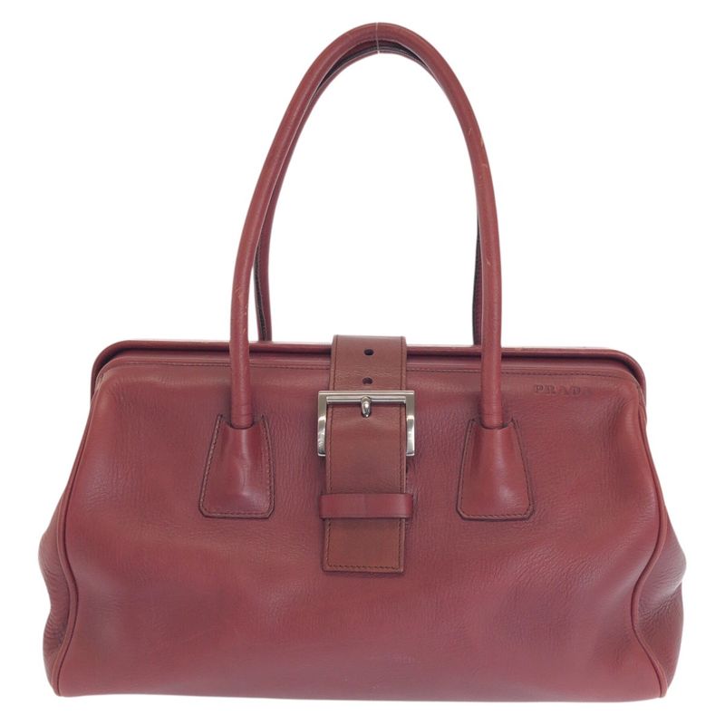 Prada Wine Red Bordeaux Silver Hardware Leather Handbag Mini Boston Women 505763