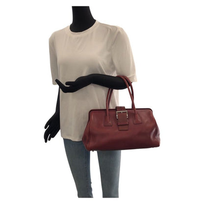 Prada Wine Red Bordeaux Silver Hardware Leather Handbag Mini Boston Women 505763