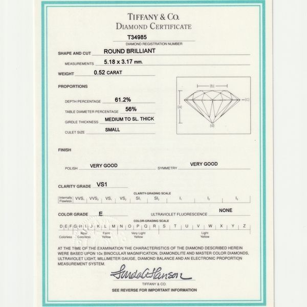 Tiffany & Co Solitaire 052ct Diamond Ring E-vs1 Pt950