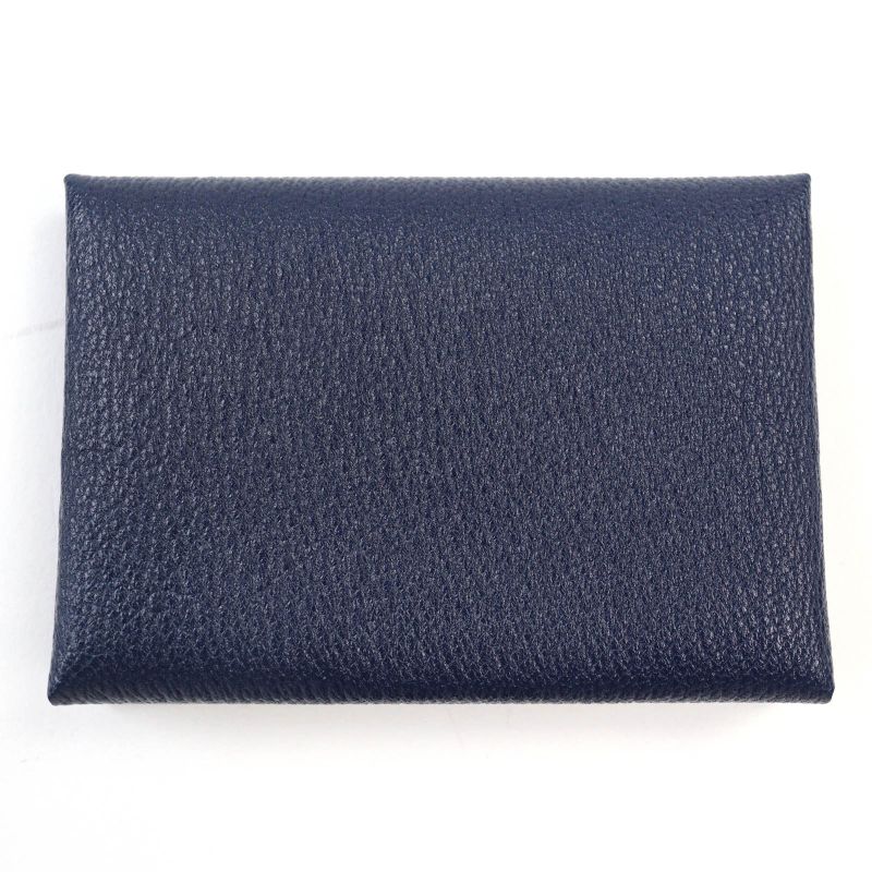 Hermes Calvi Duo Chevre Blue Nuit Silver Hardware Coin Case W Engraved With Box
