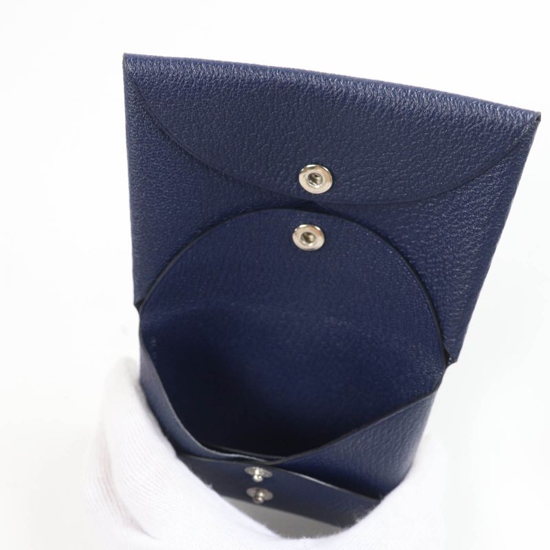 Hermes Calvi Duo Chevre Blue Nuit Silver Hardware Coin Case W Engraved With Box