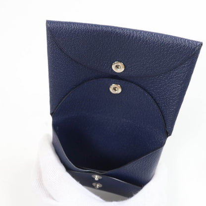 Hermes Calvi Duo Chevre Blue Nuit Silver Hardware Coin Case W Engraved With Box