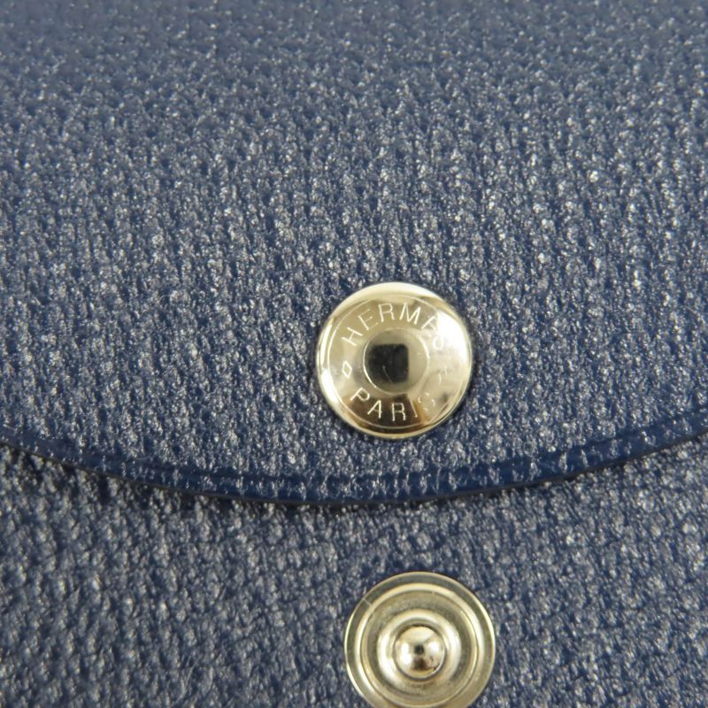 Hermes Calvi Duo Chevre Blue Nuit Silver Hardware Coin Case W Engraved With Box