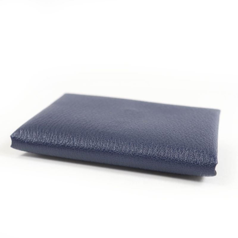 Hermes Calvi Duo Chevre Blue Nuit Silver Hardware Coin Case W Engraved With Box