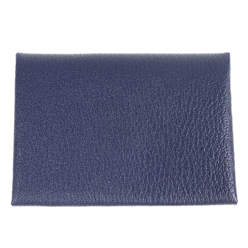Hermes Calvi Duo Chevre Blue Nuit Silver Hardware Coin Case W Engraved With Box