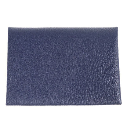 Hermes Calvi Duo Chevre Blue Nuit Silver Hardware Coin Case W Engraved With Box