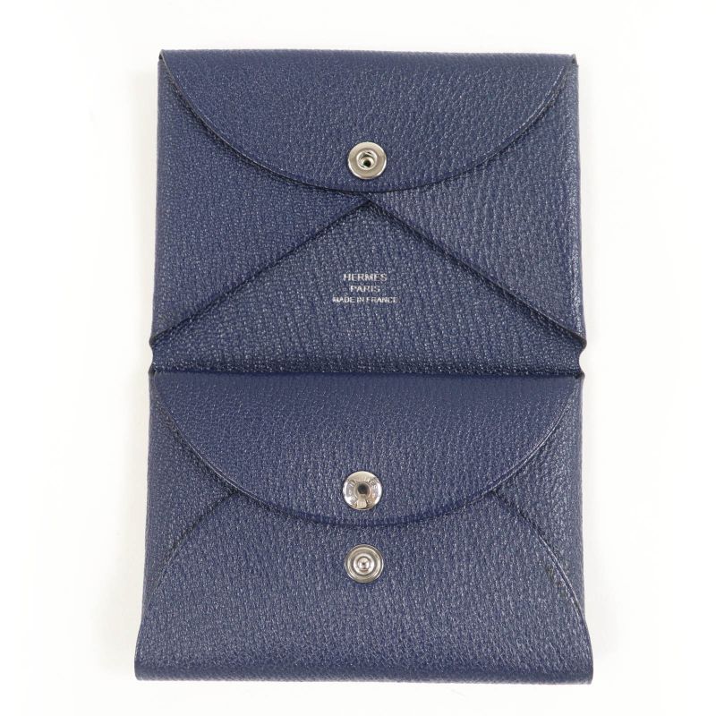 Hermes Calvi Duo Chevre Blue Nuit Silver Hardware Coin Case W Engraved With Box