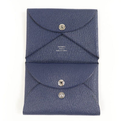Hermes Calvi Duo Chevre Blue Nuit Silver Hardware Coin Case W Engraved With Box