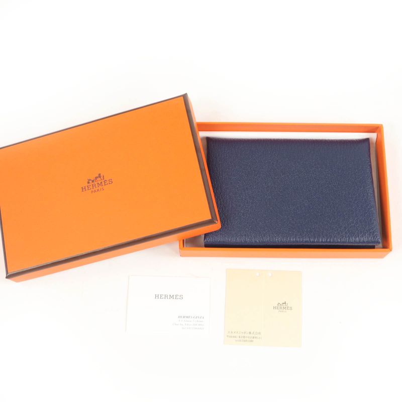 Hermes Calvi Duo Chevre Blue Nuit Silver Hardware Coin Case W Engraved With Box