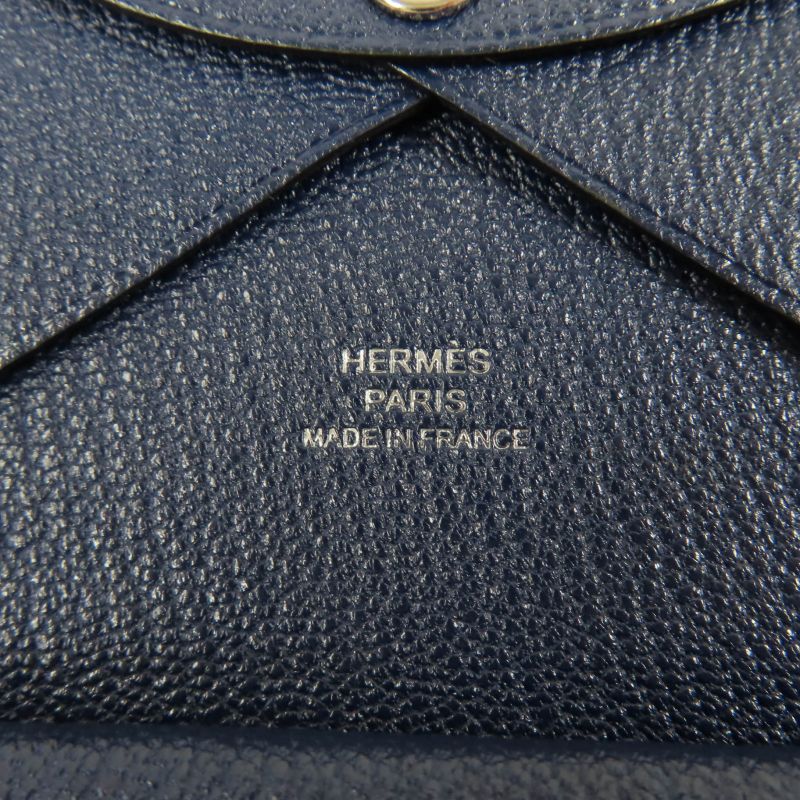 Hermes Calvi Duo Chevre Blue Nuit Silver Hardware Coin Case W Engraved With Box