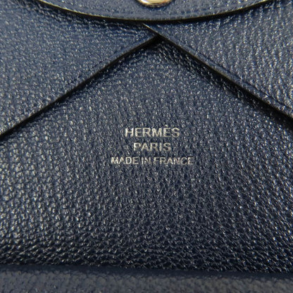 Hermes Calvi Duo Chevre Blue Nuit Silver Hardware Coin Case W Engraved With Box