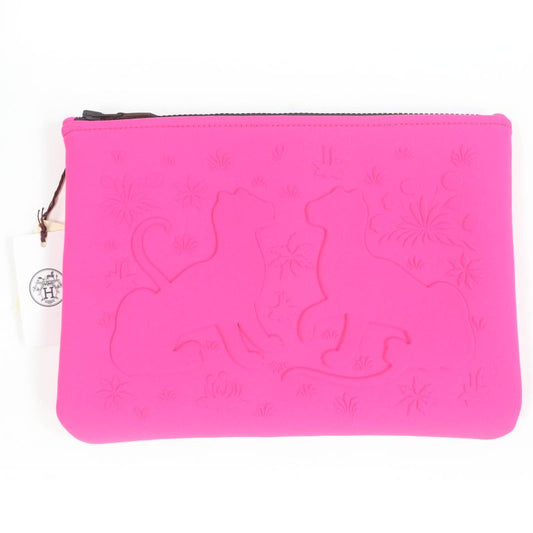 Hermes Neobain Trousse Flat MM Black Hardware Cheetah Cat ZIP Pouch Pink With