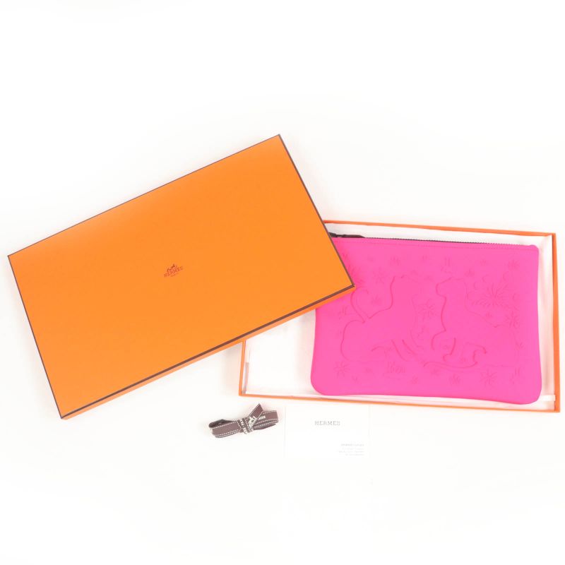 Hermes Neobain Trousse Flat MM Black Hardware Cheetah Cat ZIP Pouch Pink With